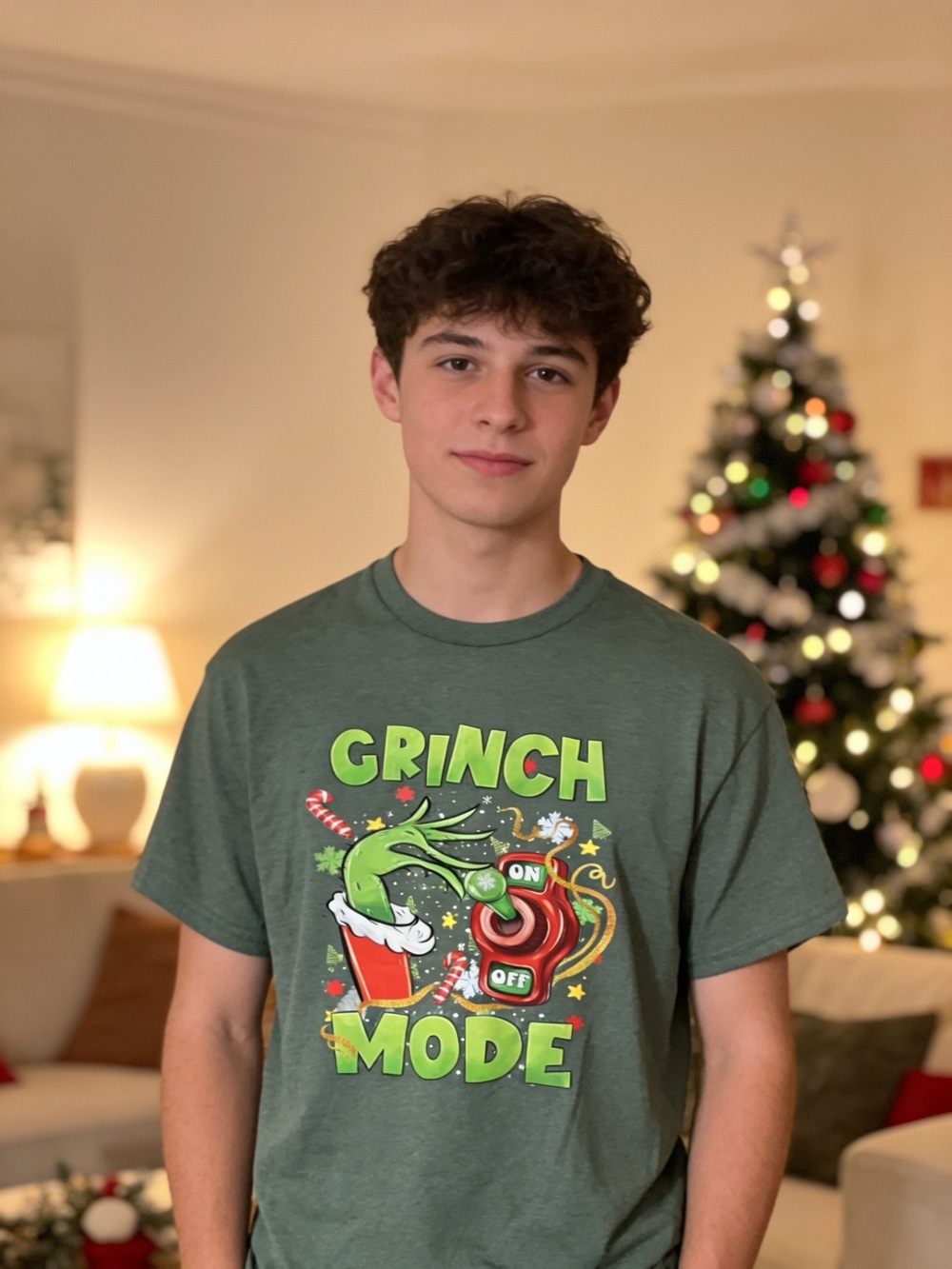 Grinch Mode Christmas Graphic T-Shirt Heather Green Medium Holiday